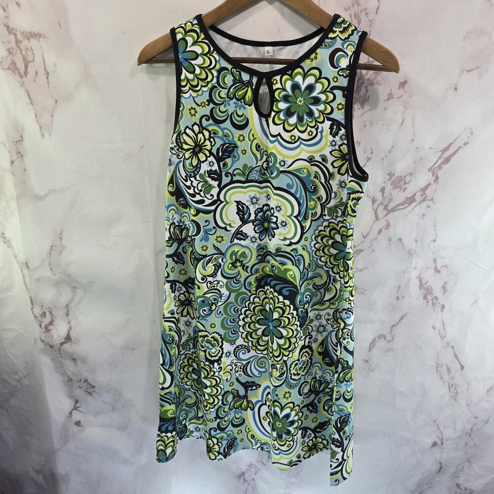 Nuu Muu Dress Womens Large Black Blue Tank Mini Ruu Muu Floral Pocket Keyhole